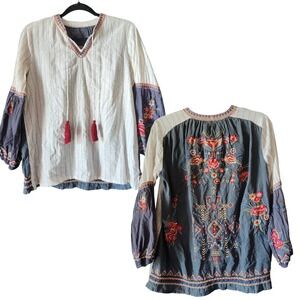 Kyla Seo Boho Top  Balloon Sleeves Small Embroidered Velma Blouse Tassel